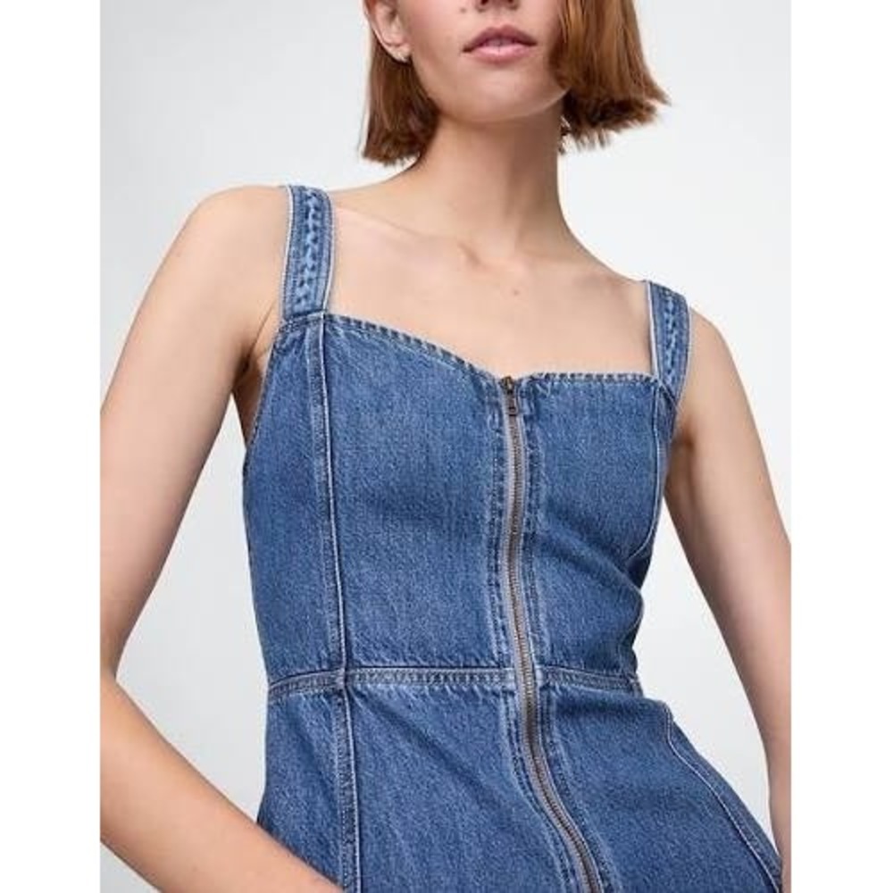 Gap UltraSoft Denim Maxi Dress Women Medium Blue Full Zip Sleeveless Cotton - Picture 5 of 16